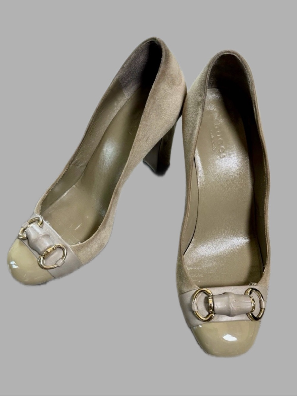 Gucci Beige Suede Pumps with Cream Patent Toe and Gold Hardware sz 36  #070